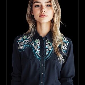 Panhandle Slim Retro Embroidered Black Western Shirt Black Pearl Buttons XL !!!